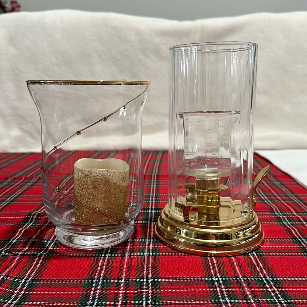 Lot of two gold tone glass candle holders Pier 1 and PartyLite Ribbed Hurricane